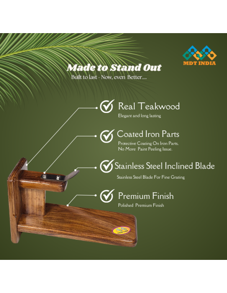 Polished Teakwood Tabletop Coconut Scraper  with Inclined Blade