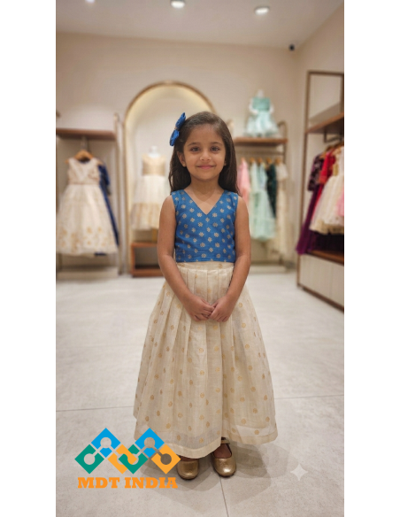 Ethnic Kids Girls Pattu Pavadai Set – Royal Blue Brocade Blouse with Off-White Pleated Skirt