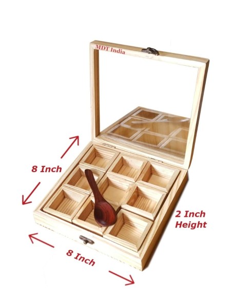 Wooden Masala Box  Container Detachable 9 Pieces with Spoon