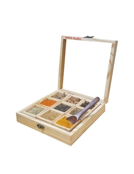 Wooden Masala Box  Container Detachable 9 Pieces with Spoon