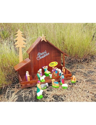 MDT India Holy Crib Combo for Christmas Xmas Decor Premium Wooden Stable Pulkood + Nativity Set Size 3